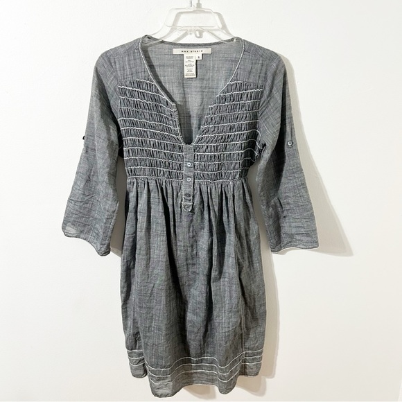 Max Studio Gray Cotton Pleated Smocked Dress Scoop Neckline 3/4 Sleeves Lined 🩶 - Picture 2 of 13